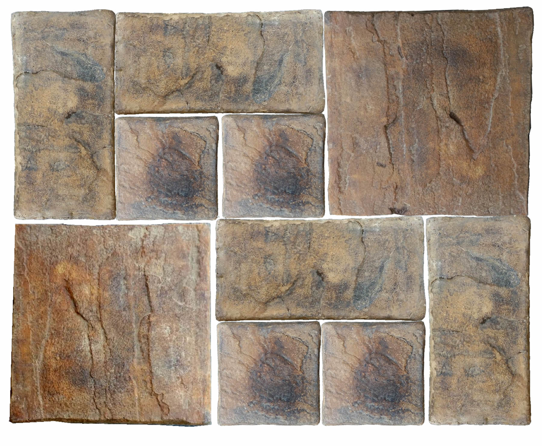 Once piezas de Loseta Antigua de concreto Deco Rock sobre fondo blanco, con los tres formatos: cuadro grande, cuadro pequeno y rectangulo